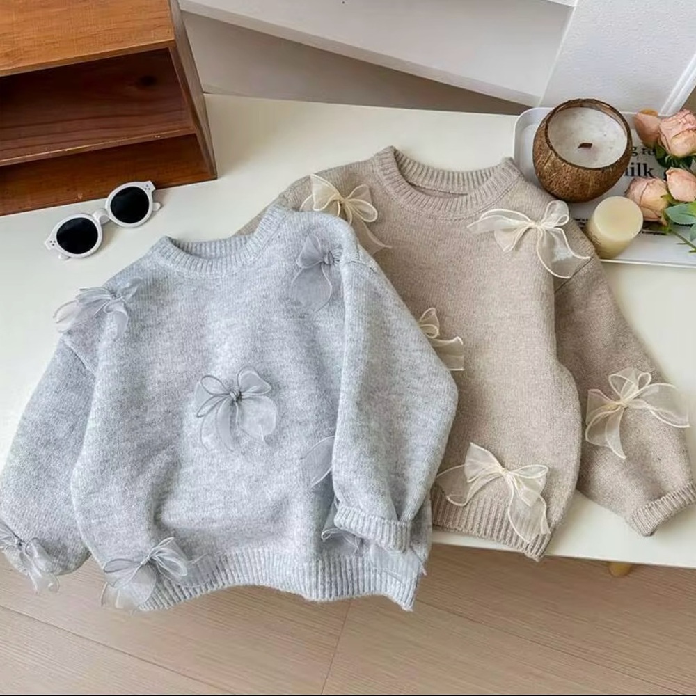 Cozy Gray and Beige Sweaters with Bow Accents